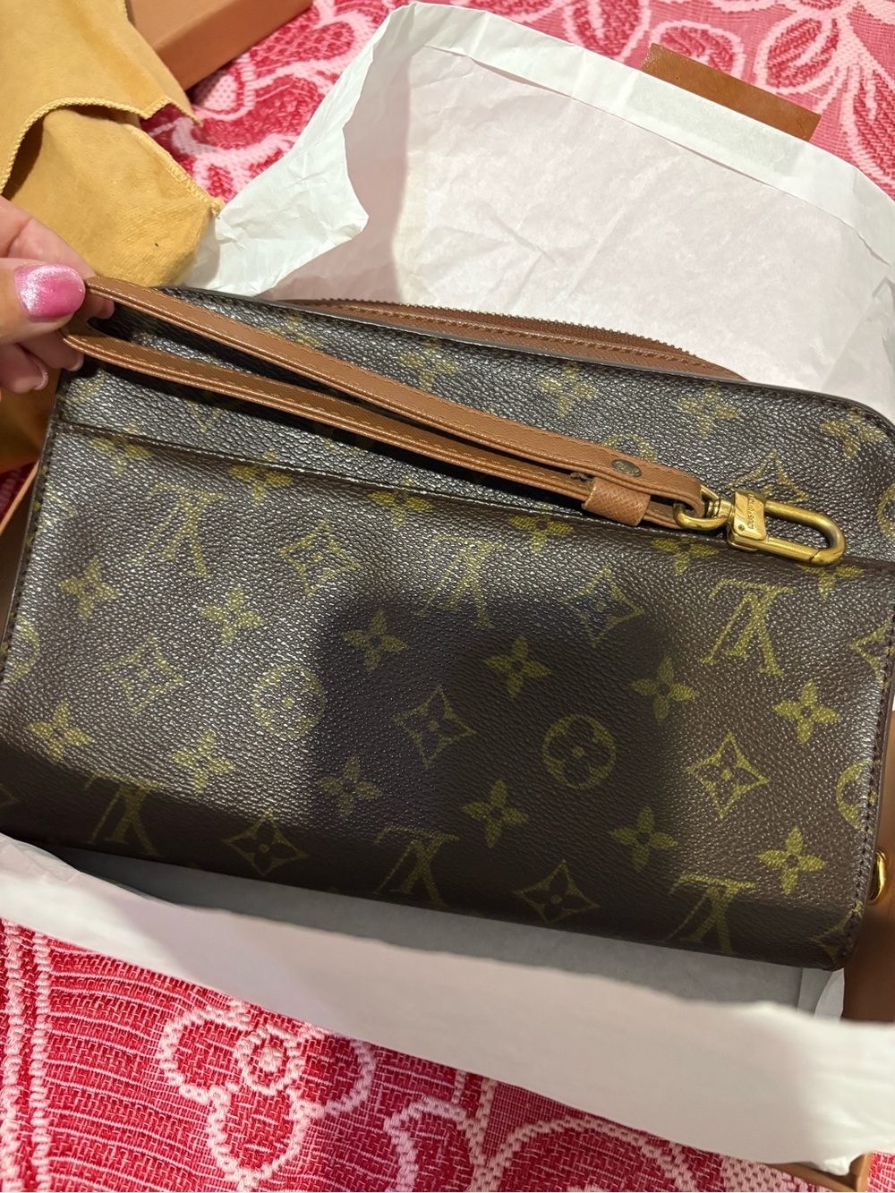 Louis Vuitton Monogram Canvas Wristlet with Natural Vachetta Vintage Full Set!